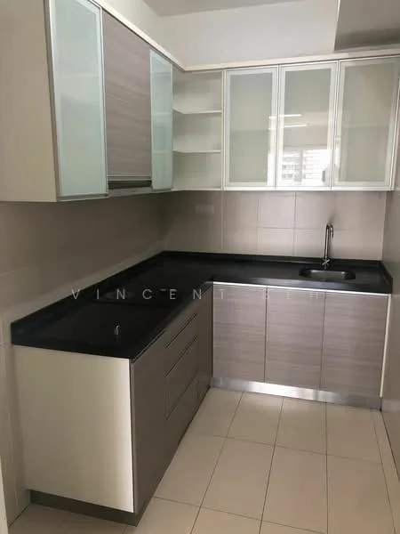 Kitchen features: black granite countertop, stainless-steel single-bowl sink, chrome pull-down faucet, light wood cabinetry, glass-front upper cabinets, lower cabinets with flat-panel design, ceramic tile flooring, neutral wall tiles; style: modern.