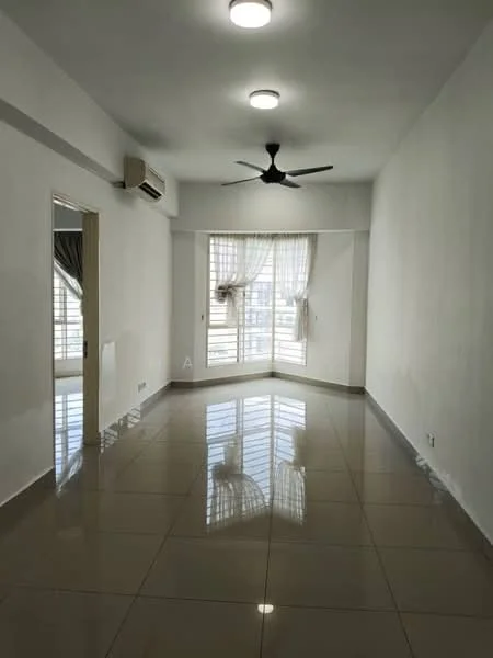 Living features: white painted walls, glossy ceramic tile flooring, 5-blade ceiling fan with light, floor-to-ceiling windows, sheer curtains, air conditioning unit, natural light from windows, neutral color scheme; style: modern; view: city.