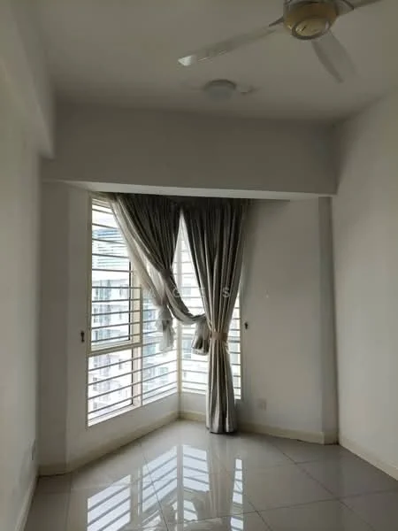 Room features: white painted walls, glossy tile flooring, floor-to-ceiling windows, curtains in grey, ceiling fan, natural light from windows, corner window design; style: modern; view: city.