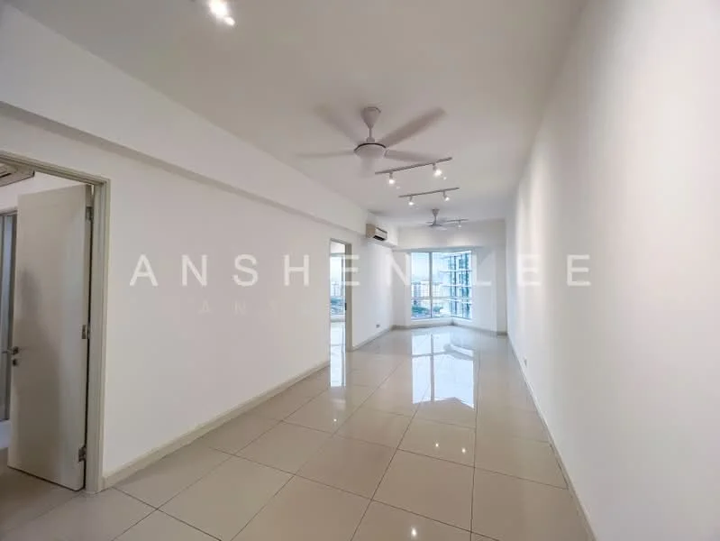 Room features: white painted walls, glossy tile flooring, 5-blade ceiling fan with light, recessed LED downlights, floor-to-ceiling windows, sliding glass door, air conditioning unit, open layout; style: modern; view: city.