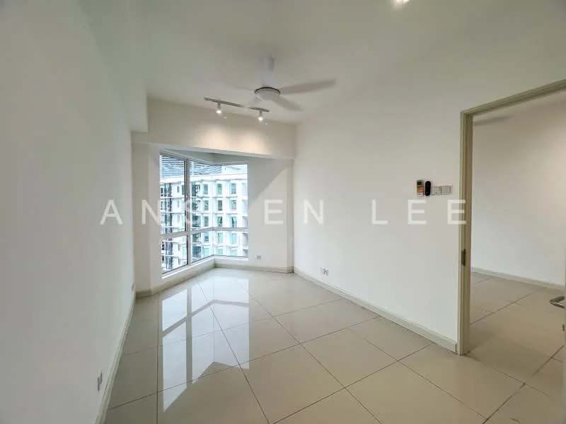 Room features: white painted walls, glossy tile flooring, 5-blade ceiling fan with light, floor-to-ceiling windows, natural light from windows, corner window design, recessed downlights; style: modern; view: city.