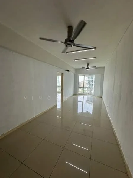 Room features: white painted walls, glossy ceramic tile flooring, 2 ceiling fans, large windows, natural light, open layout, neutral color scheme, no visible furniture; style: modern; view: city.
