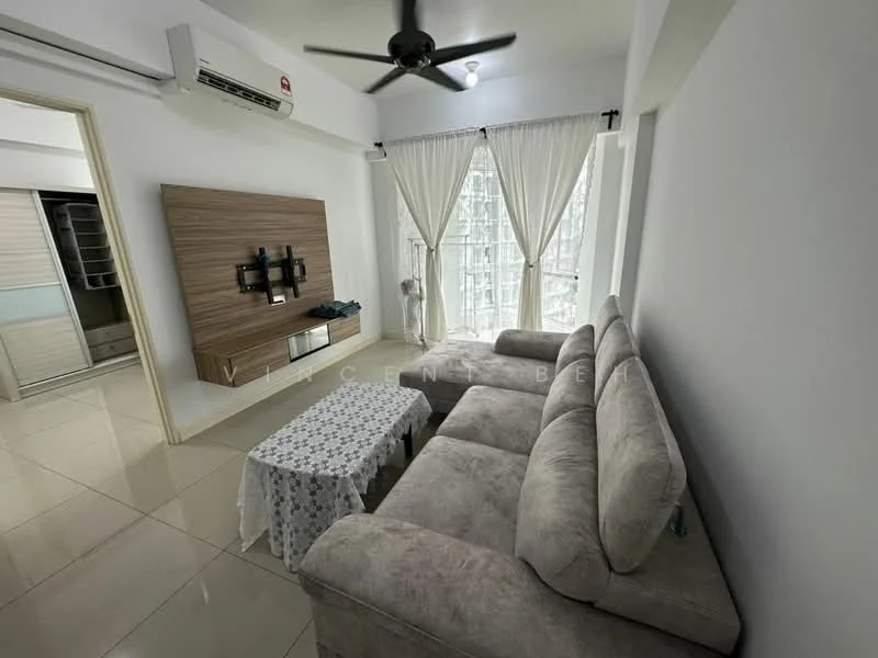 Living features: 3-seater fabric sofa in light grey, coffee table with lace cover, wall-mounted TV, wooden feature wall, floor-to-ceiling windows, sheer curtains, 1 wall-mounted split AC, recessed downlights, ceiling fan with light, glossy tile flooring; style: modern; view: city.