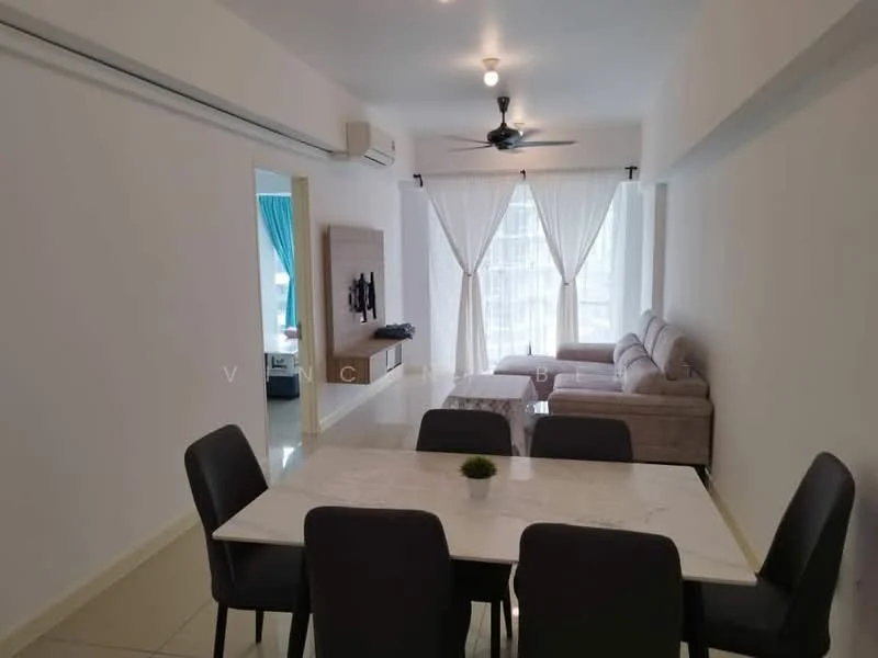 Living features: 3-seater fabric sofa in light grey, coffee table with marble top, wall-mounted TV, recessed downlights, floor-to-ceiling windows with sheer curtains, sliding glass door, white painted walls, glossy tile flooring, ceiling fan; style: modern; view: city. Dining features: 6-seater dining table with marble top, upholstered dining chairs in dark grey, decorative plant on table; style: modern.