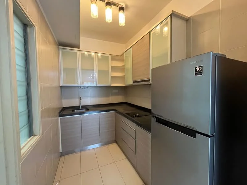 Kitchen features: grey laminate cabinetry, black granite countertop, stainless-steel fridge, built-in stove, single-bowl stainless-steel sink, chrome pull-down faucet, white tiled walls, white tiled flooring, 3-bulb pendant lighting, open shelving, window with horizontal blinds; style: modern.