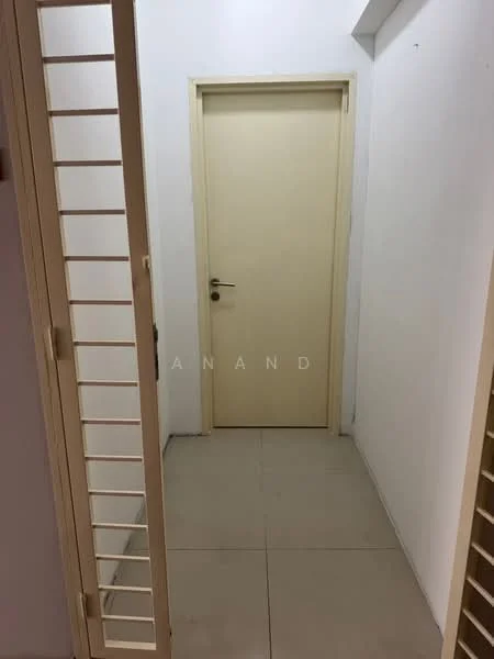 Room features: white painted walls, cream door, floor tiles, metal grille door, light switch, door handle, neutral color scheme, no visible windows; style: modern.