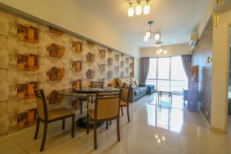 Living features: cream painted walls with patterned wallpaper, exposed brick accent wall, white ceiling with pendant lights, 5-blade ceiling fan, large sliding glass door, floor-to-ceiling windows, grey fabric sectional sofa, glass coffee table, round dining table with 4 chairs, marble tile flooring, curtains, decorative wall art; style: modern; view: city.