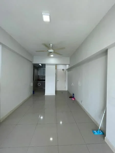Room features: white painted walls, glossy ceramic tile flooring, 5-blade ceiling fan with light, recessed LED downlights, open layout, neutral color scheme, no visible furniture, clean and uncluttered space; style: modern.