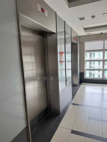 Room features: two elevator doors, metallic elevator panels, glass wall sections, tile flooring with black and white pattern, large windows with blinds, modern lighting fixtures, neutral wall color, corner wall with no visible features; style: modern; view: city.