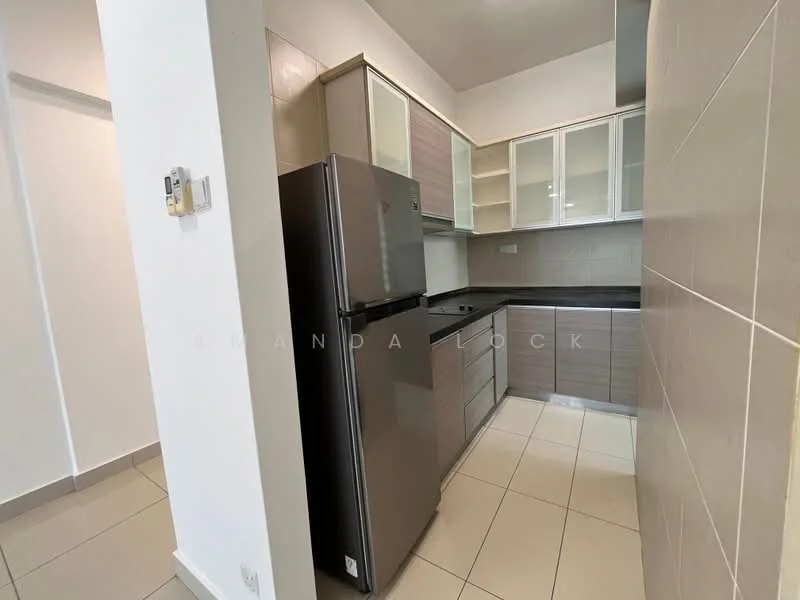Kitchen features: stainless-steel fridge, grey cabinetry, black countertop, ceramic tile flooring, glass-front upper cabinets, built-in oven, 4-burner gas hob, single-bowl stainless-steel sink, chrome pull-down faucet, wall-mounted kitchen cabinet, neutral wall tiles, recessed downlights; style: modern.