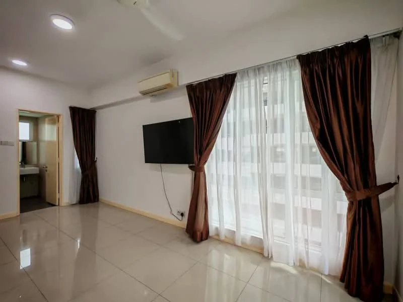 Living features: white painted walls, glossy tile flooring, 5-blade ceiling fan, wall-mounted TV, floor-to-ceiling windows, sheer curtains, dark brown curtains, air conditioning unit; style: modern. Room features: doorway leading to bathroom, unknown wall.