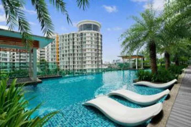 Exterior type: high-rise condominium; features: infinity pool, pool deck with loungers, tropical landscaping, palm trees, glass railing, manicured lawn, surrounded by greenery; style: modern.