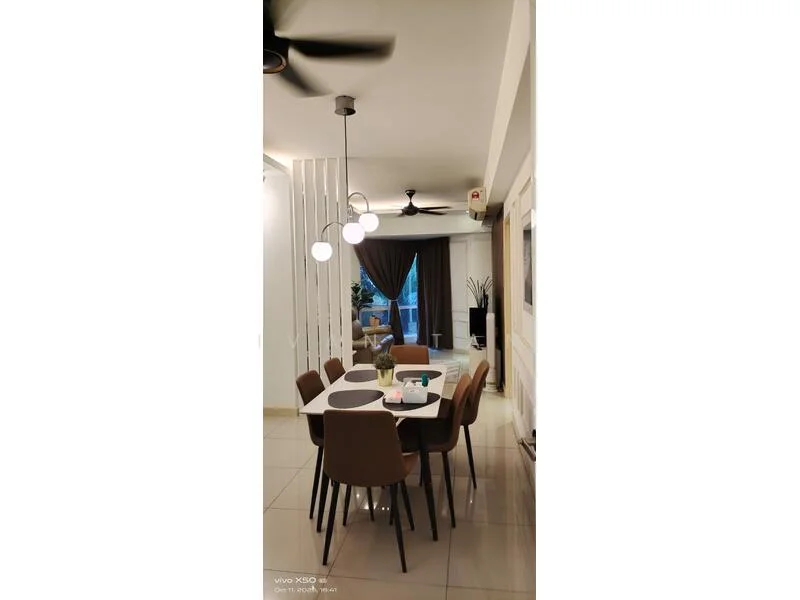 Dining features: 6-seater dining table, upholstered dining chairs, pendant lighting with multiple globes, white walls, tile flooring, floor-to-ceiling windows, curtains, decorative plant, open layout to living area; style: modern. Living features: sofa, coffee table, TV console, area rug; style: modern.