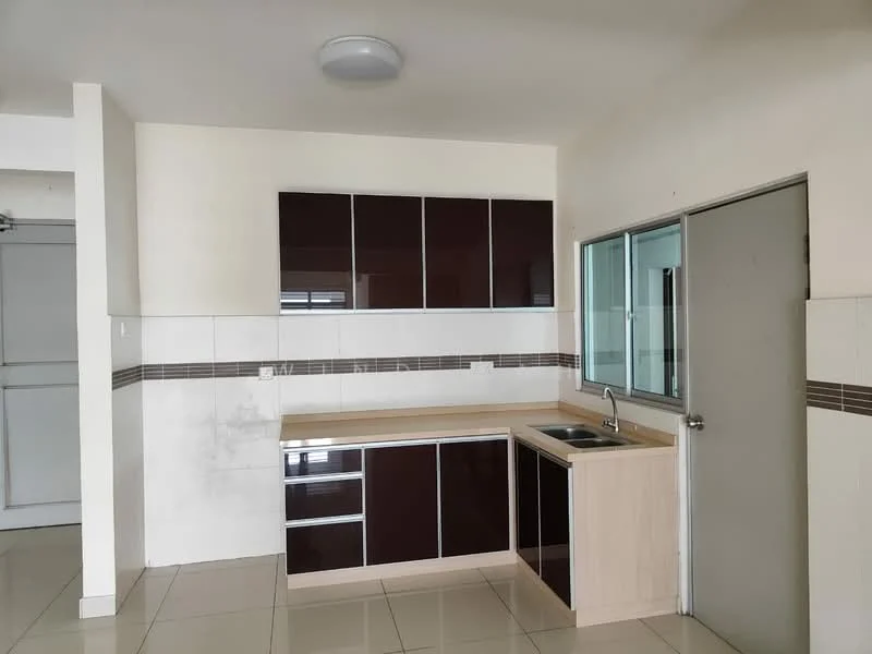 Kitchen features: brown and white cabinetry, laminate countertop, single-bowl stainless-steel sink, chrome pull-down faucet, ceramic tile flooring, white painted walls, window with glass pane, recessed ceiling light; style: modern.