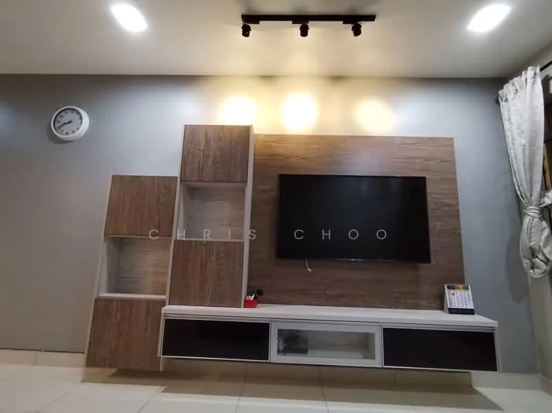 Living features: wall-mounted TV, wooden TV console with white drawers, light grey accent wall, cream tiled flooring, decorative wall clock, built-in shelving unit, recessed lighting, curtains on window; style: modern.