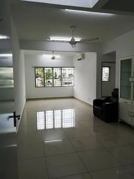 Living features: white painted walls, glossy ceramic tile flooring, 5-blade ceiling fan with light, wall-mounted split AC, large windows with black metal grills, natural light from windows, black leather armchair, recessed lighting, neutral color scheme; style: modern; view: garden.