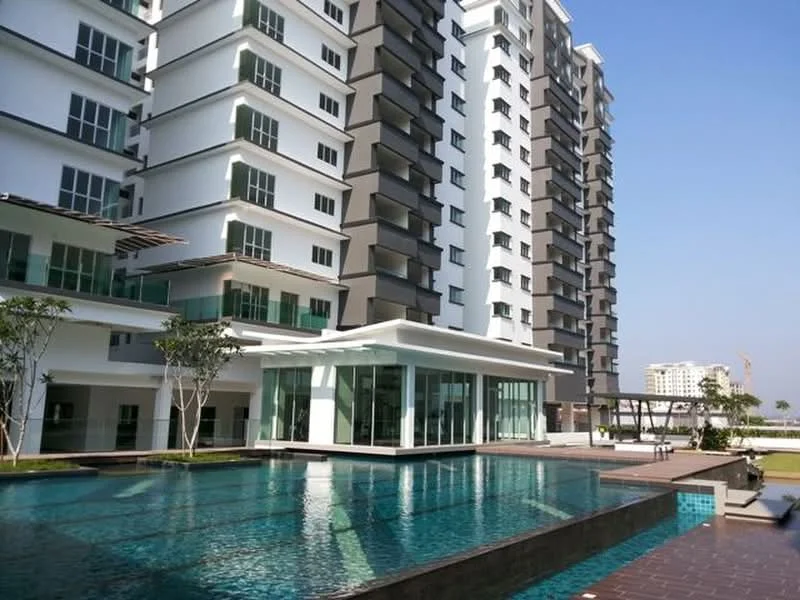 Exterior type: high-rise condominium; features: glass curtain wall, white painted facade, recessed balconies, infinity pool, pool deck with loungers, landscaped garden, manicured lawn, surrounded by mature greenery; style: modern.