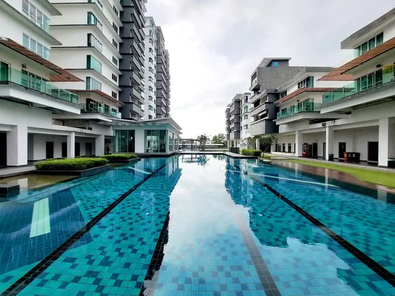 Exterior type: high-rise condominium; features: swimming pool with mosaic tiles, landscaped garden area, surrounding high-rise buildings, glass railings, water feature, pool deck with loungers, manicured lawn, modern architectural design; style: modern.