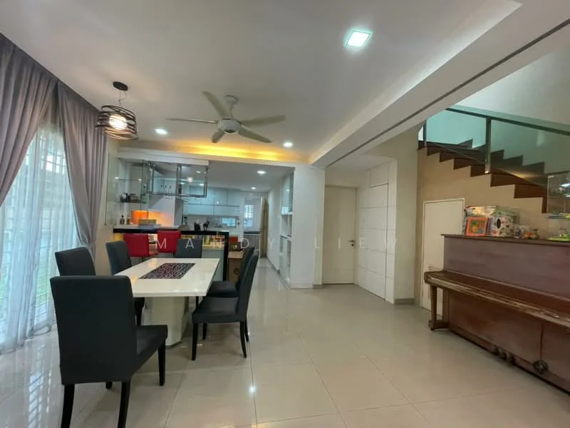 Dining features: 6-seater dining table, black upholstered dining chairs, pendant light fixture, recessed downlights, cream tiled flooring, grey curtains, open-plan layout, kitchen area visible in background, ceiling fan, decorative wall art; style: modern. Living features: sofa, coffee table, piano, staircase in background, wall-mounted decor; style: modern.