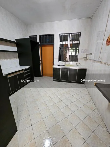 Kitchen features: white painted walls, black cabinetry, ceramic tile flooring, single-bowl stainless-steel sink, chrome pull-down faucet, countertop with backsplash, open shelving, window with security bars; style: modern.
