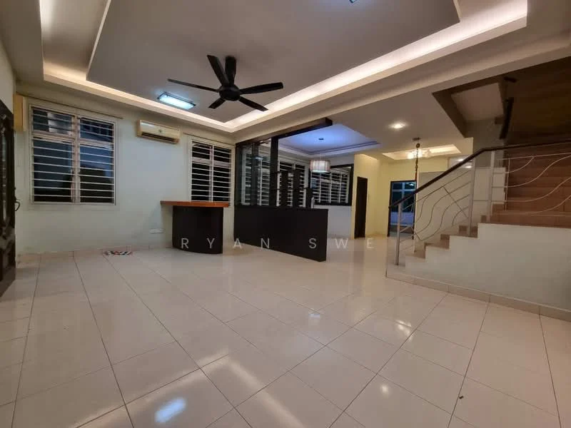 Living features: white painted walls, glossy tile flooring, tray ceiling with recessed lighting, 5-blade ceiling fan, large windows with grilles, open layout to kitchen, staircase visible, air conditioning unit, built-in cabinetry, neutral color palette; style: modern.