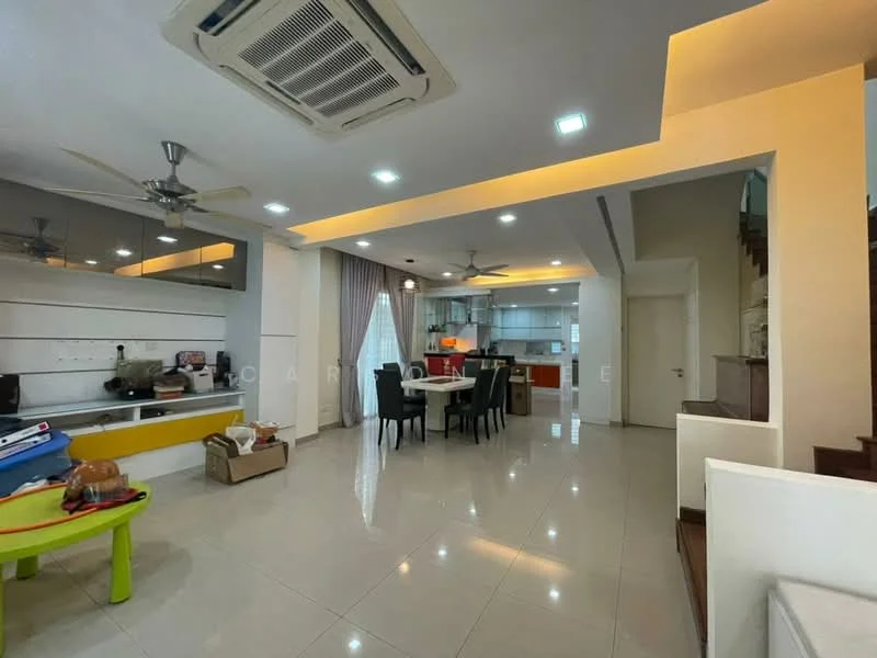 Living features: white painted walls, glossy tile flooring, 5-blade ceiling fan with light, recessed LED downlights, sofa set, dining table with chairs, open-plan layout, air conditioning unit, large windows with sheer curtains, decorative wall paneling, staircase leading to upper floor; style: modern. Kitchen features: white cabinetry, granite countertop, stainless-steel sink, built-in oven, freestanding range oven, refrigerator, kitchen island, pendant lighting, backsplash, open layout to living area; style: modern.