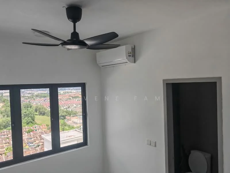 Room features: black ceiling fan, 1 wall-mounted split AC, floor-to-ceiling window, white painted walls, light grey flooring, doorway leading to bathroom, city view from window; style: modern; view: city.