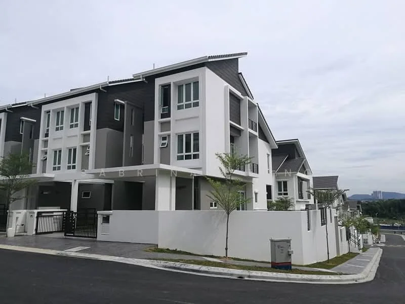 Exterior type: linked terrace house; features: white painted facade, grey accent wall, flat roof, 2-storey building, manicured lawn, paved driveway, security gate at entrance, surrounded by mature greenery; style: modern.