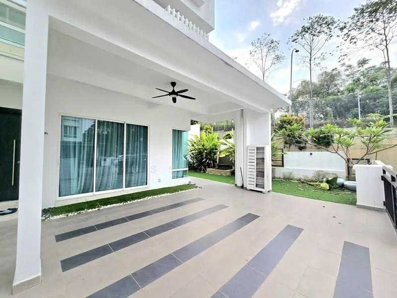 Room features: white painted walls, sliding glass door, 5-blade ceiling fan, grey tile flooring, green lawn, landscaped garden, stone-paved walkway, outdoor space with seating area; style: modern; view: garden.