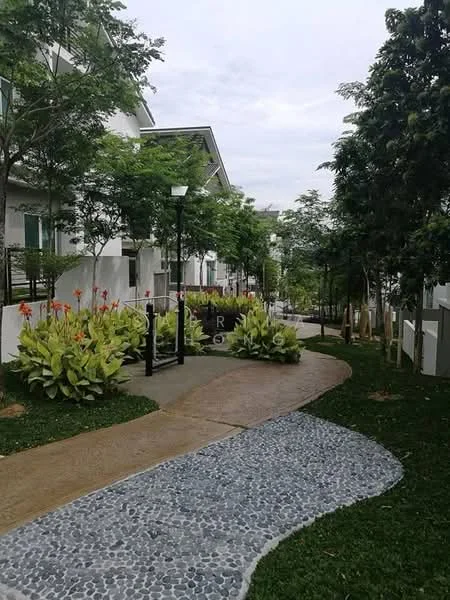 Exterior type: landscape garden; features: manicured lawn, flower beds with orange flowers, stone-paved walkway, pathway with decorative stones, street lamps, surrounded by trees, greenery along the path; style: modern.