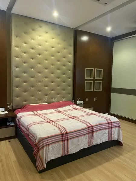 Bedroom features: king-size bed with upholstered headboard, plaid bedspread, wooden flooring, accent wall with tufted design, dark wood paneling, built-in shelving unit, nightstand with lamp, recessed ceiling lights; style: modern.