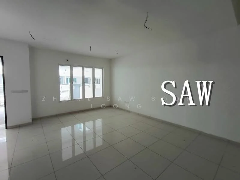 Room features: white painted walls, glossy ceramic tile flooring, floor-to-ceiling windows, multiple window panes, no visible ceiling fixtures, open layout, neutral color scheme, unfurnished space; style: modern.