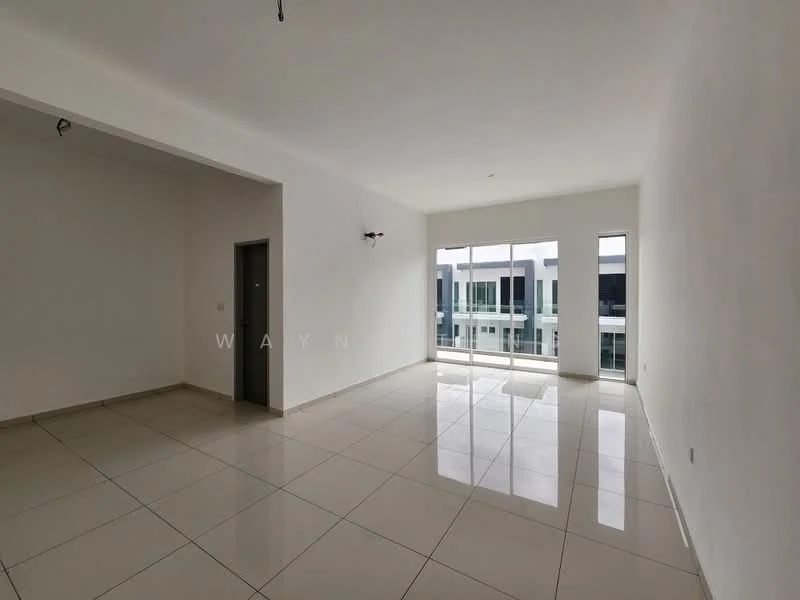 Room features: white painted walls, glossy ceramic tile flooring, large floor-to-ceiling windows, natural light, neutral color scheme, no visible furniture, minimalist design, high ceiling; style: modern; view: city.