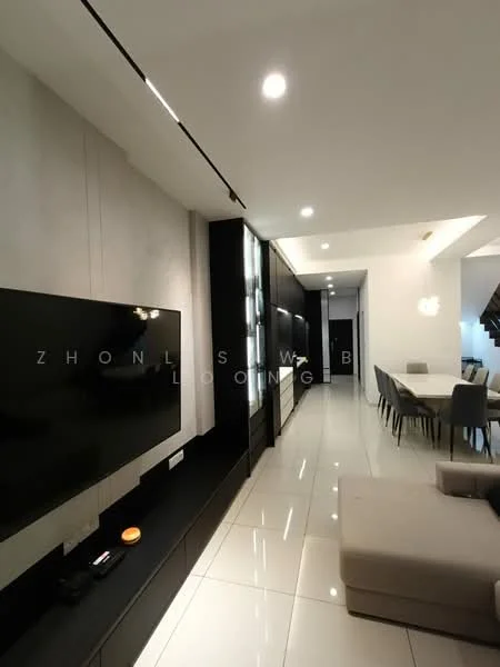 Living features: white painted walls, polished ceramic tile flooring, recessed downlights, wall-mounted TV, black media console, grey sectional sofa, dining table with grey upholstered chairs, decorative wall paneling, open layout, large windows, neutral color palette; style: modern.