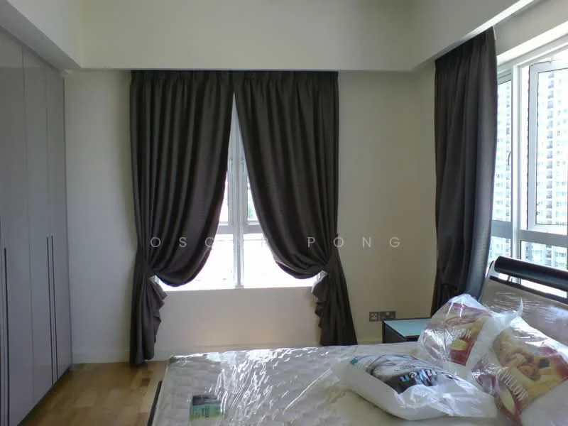 Bedroom features: queen-size bed, upholstered headboard, bedside table, floor-to-ceiling windows, grey curtains, wooden flooring, built-in wardrobe, decorative pillows; style: modern; view: city.