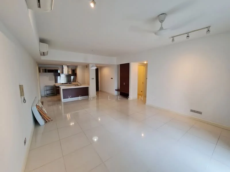 Living features: white painted walls, glossy ceramic tile flooring, recessed downlights, 5-blade ceiling fan, floor-to-ceiling windows, open-plan layout with kitchen, air conditioning unit, neutral color scheme; style: modern. Kitchen features: kitchen island, stainless-steel appliances, open layout, cabinets, countertop; style: modern.