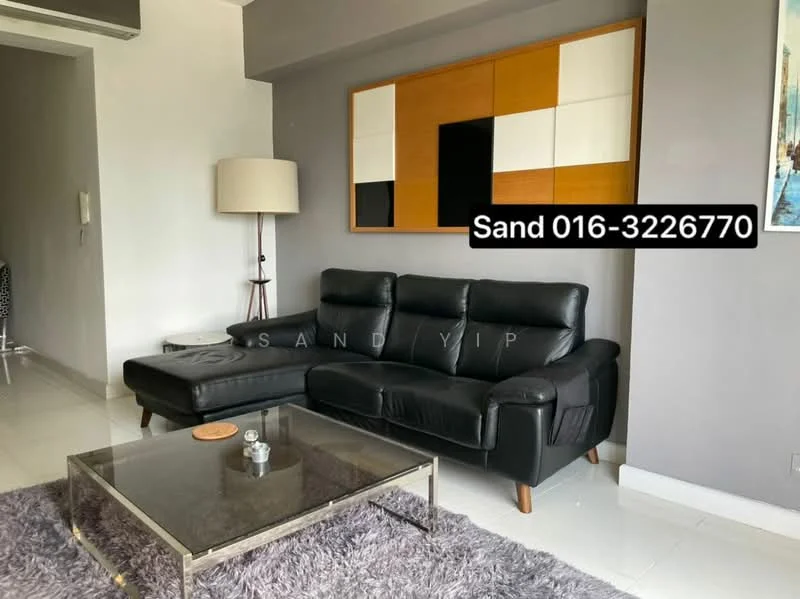 Living features: black leather sofa, glass coffee table, area rug with plush texture, floor-to-ceiling windows, white painted walls, recessed downlights, decorative wall art, lamp with white shade; style: modern.
