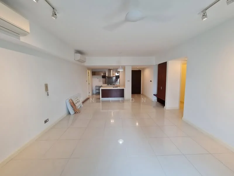 Living features: white painted walls, glossy ceramic tile flooring, recessed downlights, 5-blade ceiling fan, open-plan layout, kitchen area visible, air conditioning unit, large windows, neutral color palette, no visible furniture; style: modern.