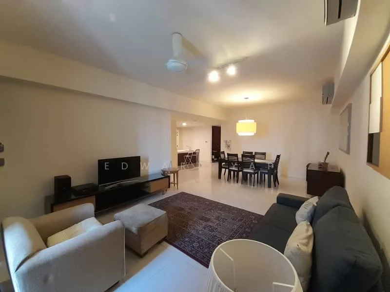 Living features: 3-seater fabric sofa in navy blue, 2-seater fabric sofa in cream, coffee table, TV console, wall-mounted TV, area rug with geometric pattern, ceiling fan with light, recessed downlights, dining table with 8 chairs, decorative wall art, white painted walls, tile flooring; style: modern.