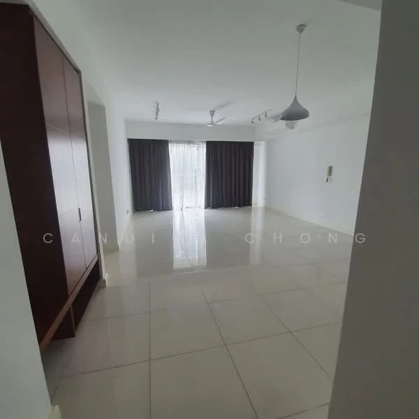 Living features: white painted walls, glossy tile flooring, floor-to-ceiling windows, sheer curtains, dark grey blackout curtains, recessed downlights, 1 ceiling fan, built-in wardrobe, open layout; style: modern.