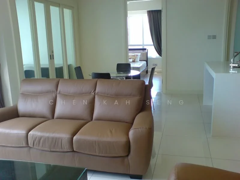 Living features: 3-seater leather sofa in brown, glass coffee table, white tiled flooring, floor-to-ceiling windows, sheer curtains, wall-mounted TV, decorative wall, open layout to dining area; style: modern. Dining features: 4-seater dining table, black dining chairs, white walls, natural light from windows; style: modern. Kitchen features: white cabinetry, kitchen island, stainless-steel sink, modern faucet, open layout to living area; style: modern.