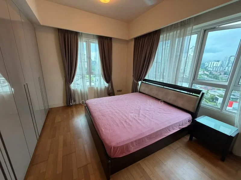 Bedroom features: queen-size bed with pink bedsheet, floor-to-ceiling windows, curtains in grey, wooden flooring, built-in wardrobe with sliding doors, nightstand, wall-mounted light fixture, city view; style: modern; view: city.