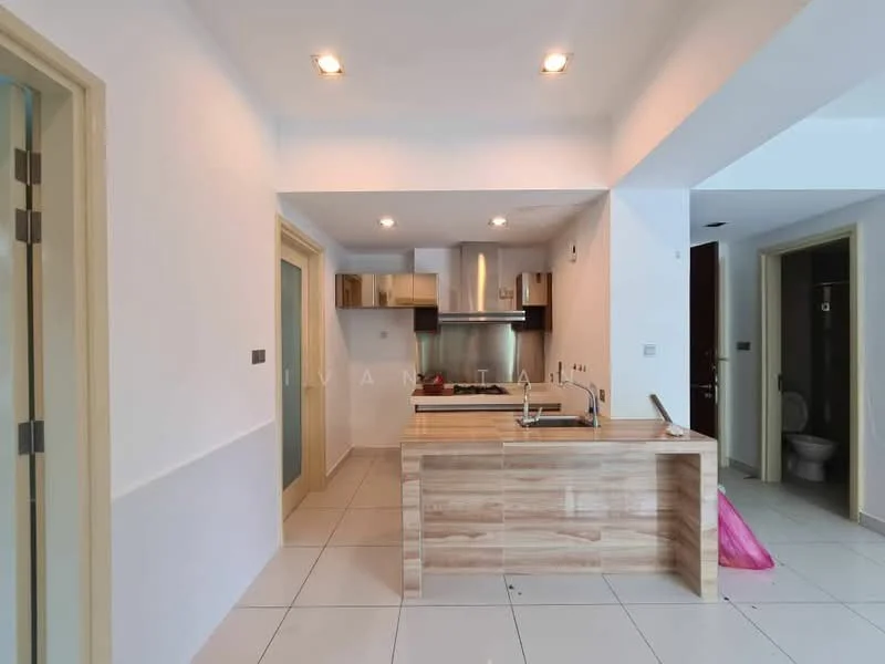 Kitchen features: kitchen island with wooden cabinetry, stainless-steel sink, chrome pull-down faucet, built-in oven, 4-burner gas hob, stainless-steel range hood, white tiled backsplash, white walls, recessed downlights, ceramic tile flooring, open layout, sliding glass door, pantry with glass door; style: modern. Room features: white walls, ceramic tile flooring, recessed downlights.