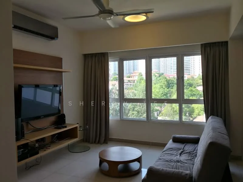 Living features: floor-to-ceiling windows, grey fabric sofa, round wooden coffee table, wall-mounted TV, TV console with shelving, ceiling fan, light fixture, curtains, neutral painted walls, tile flooring; style: modern; view: garden.