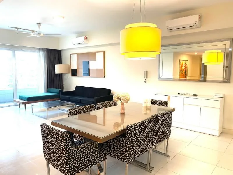 Dining features: 6-seater dining table, black and white patterned upholstered dining chairs, pendant lamp with yellow shade, mirror on wall, white sideboard, floor-to-ceiling windows, sliding glass door, light-colored tiled flooring, recessed downlights, 2 wall-mounted split AC units; style: modern; view: city. Living features: black fabric sofa, green chaise lounge, coffee table, artwork on wall, light-colored tiled flooring, recessed downlights, 2 wall-mounted split AC units; style: modern; view: city.