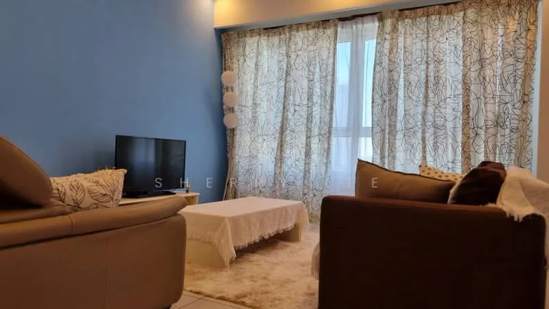 Living features: light blue painted walls, white sheer curtains with floral pattern, cream area rug, 2-seater leather sofa in beige, 3-seater fabric sofa in brown, white coffee table, wall-mounted TV, decorative throw pillows; style: modern.