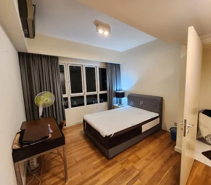 Bedroom features: wooden flooring, white painted walls, floor-to-ceiling windows, blackout curtains, queen-size bed, upholstered headboard, bedside lamp, study desk, ceiling-mounted light fixture, wall-mounted air conditioning unit, decorative wall mirror; style: modern.