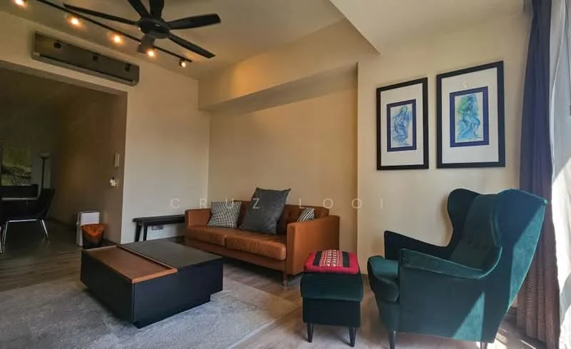 Living features: 3-seater brown leather sofa, green upholstered armchair, wooden coffee table with black base, area rug, recessed downlights, 5-blade ceiling fan, framed artwork on walls, floor-to-ceiling windows with curtains; style: modern.