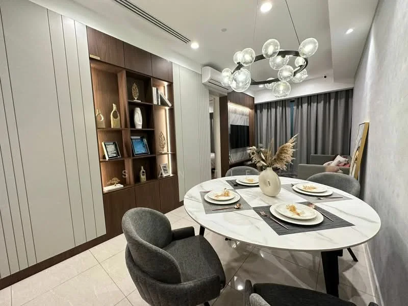 Dining features: round marble dining table, 4 upholstered dining chairs in grey, decorative vase on table, table setting with plates and cutlery, wooden feature wall with shelving, wall-mounted artwork, recessed ceiling lights, floor-to-ceiling windows with sheer curtains, air conditioning unit on wall, light fixture with multiple glass bulbs; style: modern.
