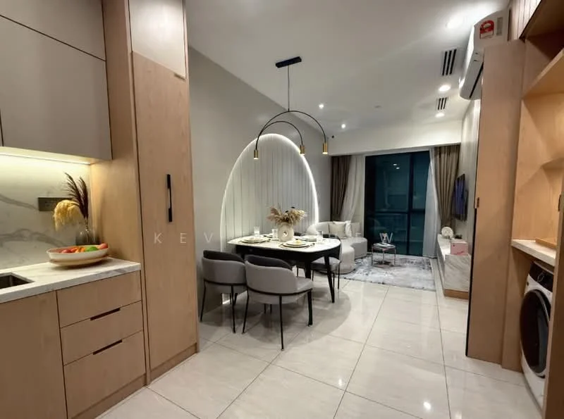 Dining features: round dining table, upholstered dining chairs, marble countertop, wood cabinetry, recessed downlights, pendant light, floor-to-ceiling windows, grey tiled flooring, decorative wall panel, sofa in light grey, TV console, wall-mounted TV, washing machine, open shelving; style: modern; view: city.